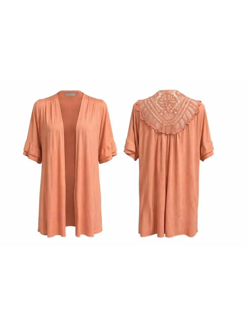 KORI AMERICA Cardigan M Peach Boho Crochet Back Open Front Kimono Preloved - A9